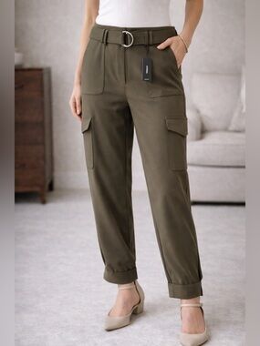 Express Olive Cargo Pants High Rise Belted Ankle Size 8L New